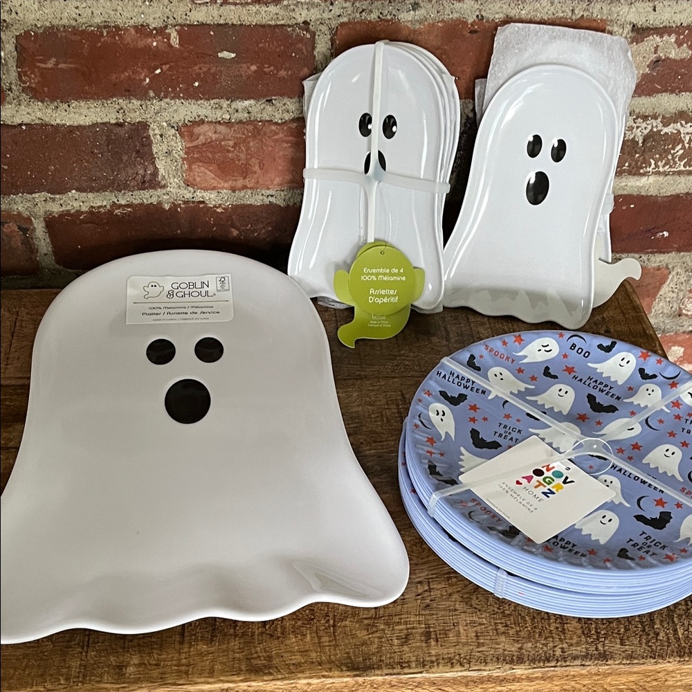 Ghost Shaped tray ghosts, appetizer plates, and 16 plates with ghosts